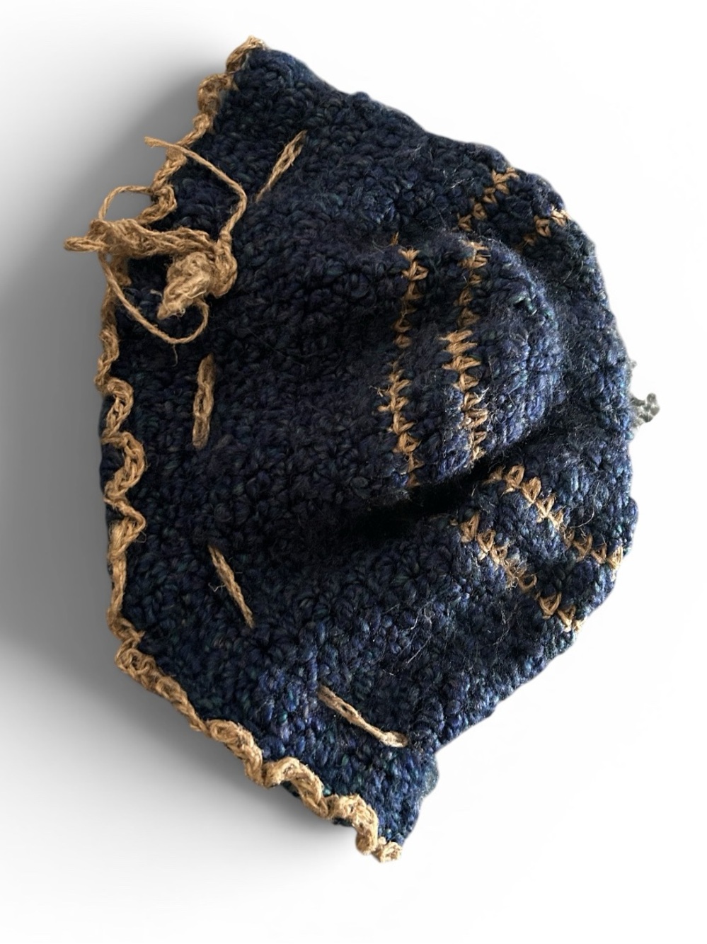 Handmade Blue Crochet Bucket Hat with Tan Trim